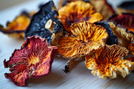 Close-up of dried, colorful exotic mushrooms spread on a wooden surface, showing their intricate textures.の素材
