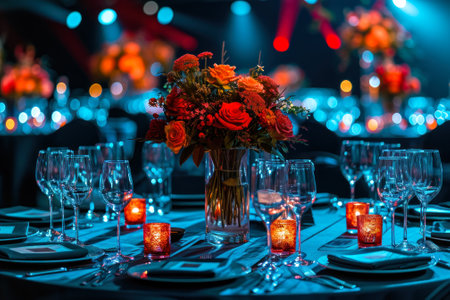 festive wedding table with glasses and flowers. .の素材