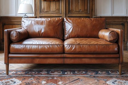 A luxurious leather sofa invites relaxation in an elegantly appointed library, symbolizing classic comfort and refined taste.の素材