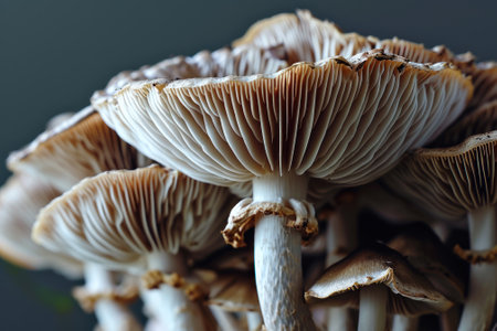 Macro shot of a dense cluster of oyster mushrooms, highlighting their delicate gill patterns and organic growth.の素材