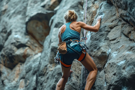 sport girl in equipment climbing a rock.の素材