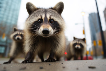 wild raccoons look at the camera.の素材