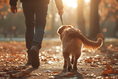 walking the dog in the autumn park.の素材