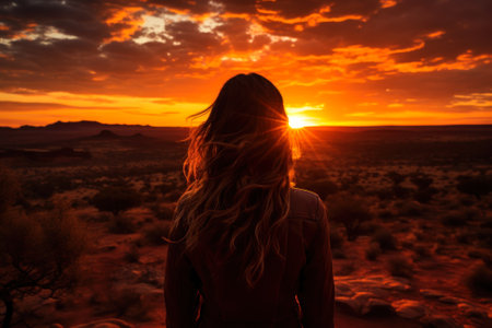 girl enjoying the orange sunset in the desert back view.の素材