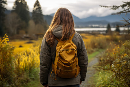 girl walking along a forest path.の素材