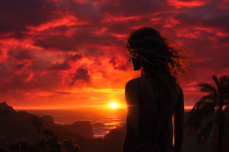 Girl in nature enjoying the orange sunset.の素材