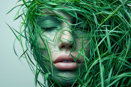 woman face in the green lawn grass.の素材