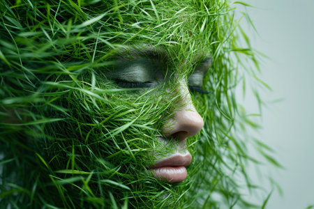 woman face in the green lawn grass.の素材