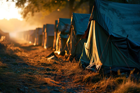tent city in nature at dawn.の素材