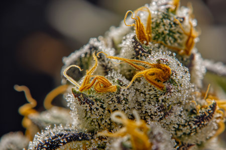 crystal studded cannabis bud closeup, large white trichomes on marijuana inflorescences.の素材
