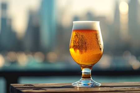 transparent glass of light beer against the backdrop of a city landscape.の素材
