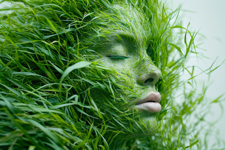 the face of a girl in green grass symbolizing the beauty of nature.の素材