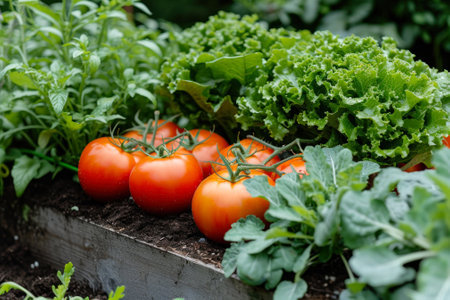 fresh organic greens and tomatoes from the garden.の素材