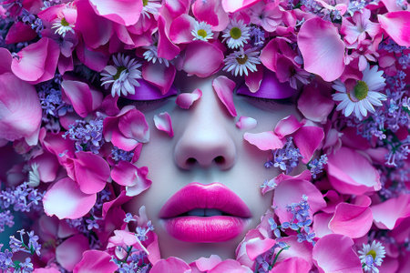 woman face in beauty flower petals purple violet color.の素材