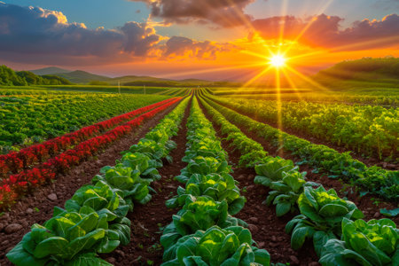 growing cabbage in field under the open sun.の素材