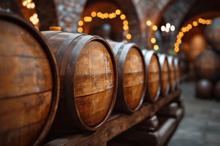 wooden barrels of craft beer in the cellar.の素材