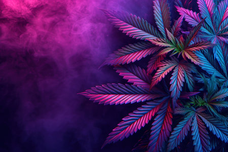 beautiful fan leaves and cannabis bud in purple glow of light.の素材