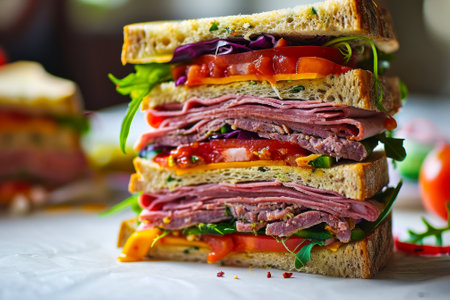 juicy big sandwich with sausage and vegetables.の素材