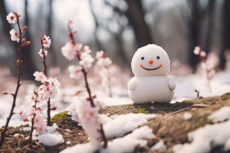 spring flowers and snowman near in snow.の素材