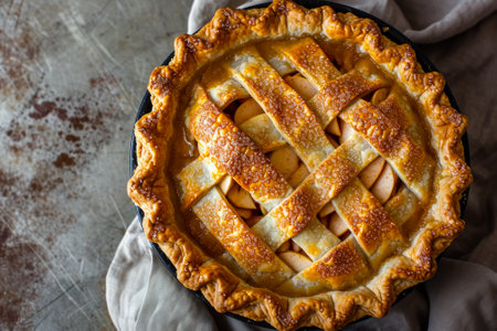 baked sweet apple pie dessert top view.の素材