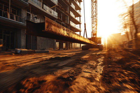 Early morning sunrise at a construction site, with steel beams framing the emerging urban structure against the sky.の素材