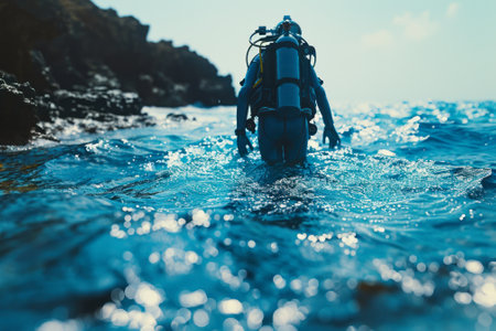 A diver in gear steps into the sea from a rocky coastline, preparing for an underwater journey.の素材