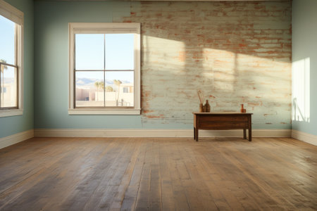 A vintage empty room with a weathered brick wall and wooden flooring, sunlight casting a soft glow through the window.の素材