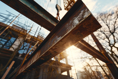 Sunset illuminates a dynamic construction site, highlighting the motion of materials and the silhouettes of structures.の素材
