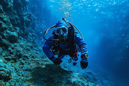A scuba diver in full gear explores the tranquil underwater world of a coral reef, surrounded by the deep blue sea.の素材