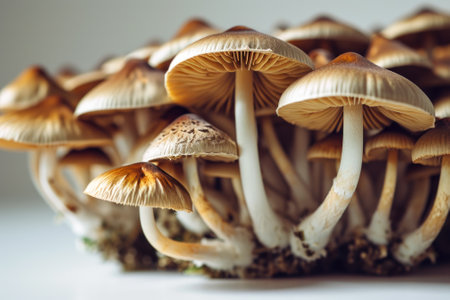 Close-up of a dense cluster of wild brown mushrooms, highlighting their gills and stems in a natural environment.の素材