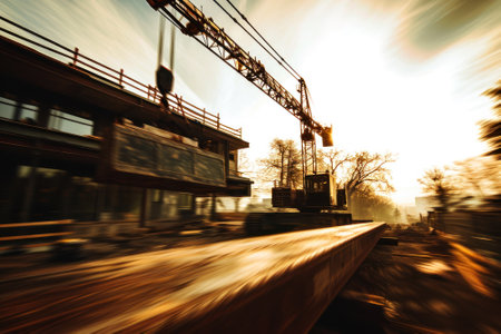 A construction site bathed in the warm glow of sunset, featuring a crane and building structure with motion blur.の素材