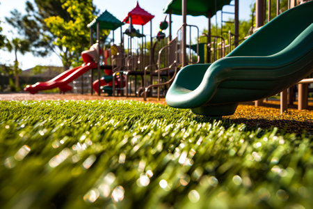 Low angle view of a colorful playground slide and bright artificial grass, signifying fun and safe play area for children.の素材