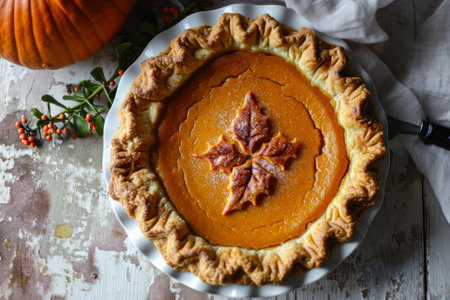 A homemade pumpkin pie with a decorative leaf pattern, accompanied by autumn decorations on a rustic table.の素材