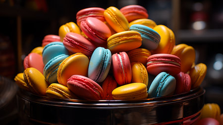 Colorful macarons piled in a glass jar, with a focus on the textures and vibrant colors of the confectionery.の素材