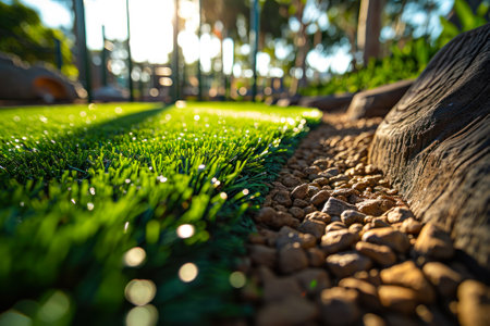 Morning dew sparkles on vibrant green artificial turf, bordered by rough rocks and weathered wood, in a landscaped garden setting.の素材