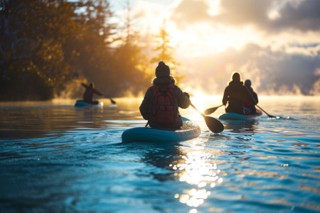 A group of people paddleboarding on a serene lake, silhouetted against the sunrise with a golden mist in the air.の素材