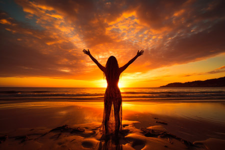 Silhouette of a person with arms wide open embracing the warmth of a vibrant sunrise at the seaside.の素材