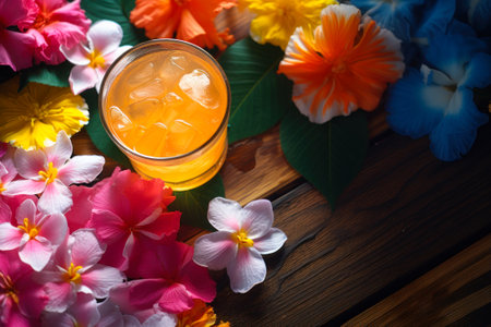 A refreshing tropical orange beverage surrounded by a variety of colorful hibiscus flowers on a wooden surface.の素材
