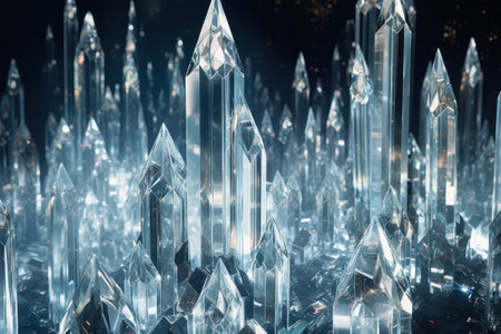 Striking digital artwork of luminous crystal structures against a dark, mystical background.の素材