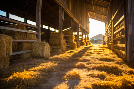 Sunset light streams into a barn, highlighting the rows of hay bales and the texture of the farm's interior.の素材