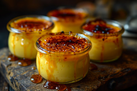 Caramelized creme brulee in glass jars.の素材