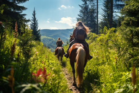 A group of horseback riders on a scenic trail, surrounded by lush greenery and the beauty of nature, captured from a first-person perspective.の素材