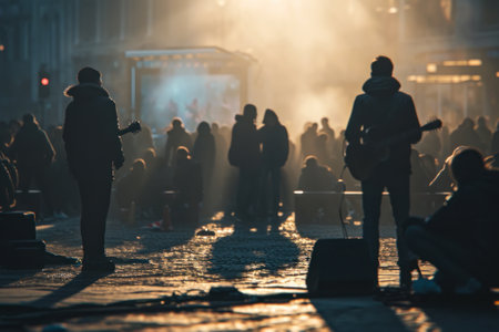 Silhouettes of a crowd gathered for an outdoor concert, with performers on stage enveloped in hazy evening light.の素材