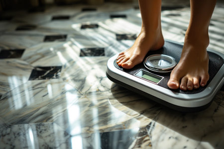Close-up of a person's bare feet on a bathroom scale, a common ritual in monitoring personal weight.の素材