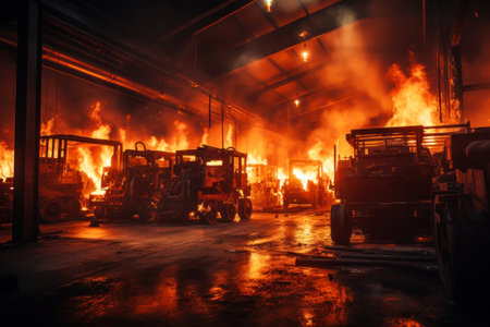 A catastrophic fire engulfs machinery and equipment in an industrial facility, with intense flames and smoke.の素材