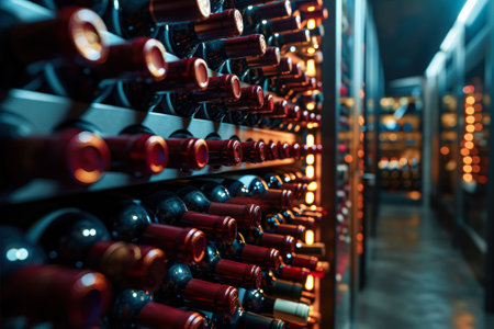 A wine cellar with ambient lighting, showcasing rows of bottled wine stored on wooden racks, evoking a sense of warmth and richness.の素材