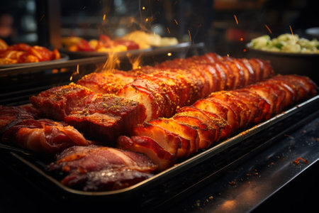 Roasted pork loins sizzling under a heat lamp, with sparks flying off the crispy skin, ready to be served.の素材