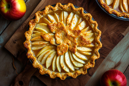 Freshly baked homemade apple pie with a beautifully crafted pastry top, ready to be served.の素材