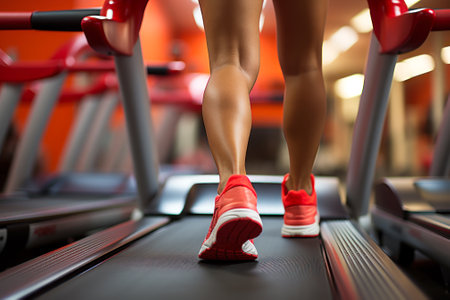 Close-up of a person's legs in motion, running on a treadmill at a gym, highlighting an active lifestyle.の素材