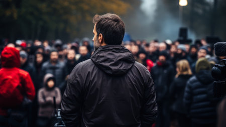 A solitary man stands facing a diverse crowd gathered in a public space, possibly during an event or demonstration.の素材